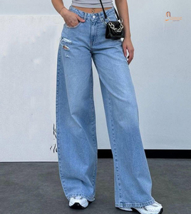 Jean en denim droit taille mi-haute pour femme avec logo personnalisé, respirant, écologique, délavage clair, style streetwear décontracté - Product Image 1