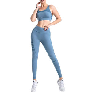 High Quality Quick Dry Women <b>Blue</b> Sports Set Tummy Control Fitness Leggings High Impact Sports <b>Bra</b> Mesh Activewear Set Wholesale - Product Image 2