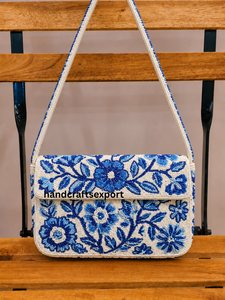 Handmade Lightweight Beaded Floral Envelope Crossbody <b>Bag</b> Women Bohemian Style <b>Shoulder</b> Flap Purse Satin <b>White</b> Blue - Product Image 1