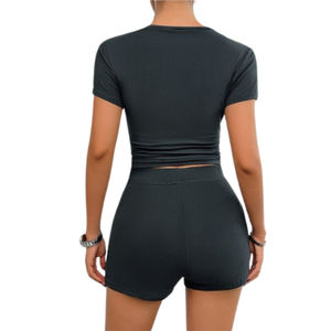 Women's Casual 2-Piece Clothing Set 2025 Summer Cotton Shorts and Top with Custom Logo Above Knee Solid Pattern Wholesale - Product Image 6