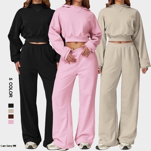 Ensemble sweat-shirt court à capuche et pantalon large pour femme, écoresponsable, couleur unie, coupe ample, manches longues, taille élastique, léger - Product Image 1