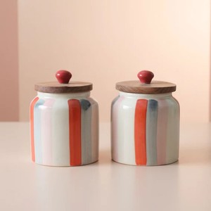 Ensemble de pots de rangement en céramique de qualité supérieure, design rayé pastel, couvercle en bois, hermétique, durable, organisateur de cuisine, décoration moderne - Product Image 1
