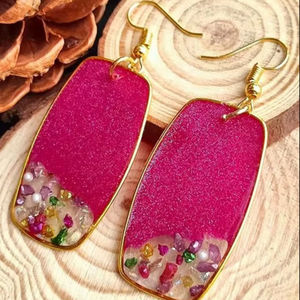 Handmade Pink <b>Resin</b> Earrings With Colorful Gemstones Irregular Shape Gold Frame Dangle Jewelry For Women <b>Resin</b> <b>Crafts</b> - Product Image 1