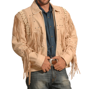 Men's Vintage Embroidered Front Logo <b>Fringe</b> Leather <b>Jacket</b> Western Style Zip Regular Fit Windproof Breathable Winter Outerwear - Product Image 1