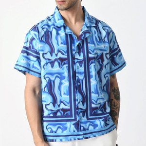 Camisa Hawaiana de Manga Corta para Hombre, Estampado Abstracto Azul, Cuello Camisero, Transpirable, Estilo Vacacional, Verano, Satén Tejido - Product Image 1