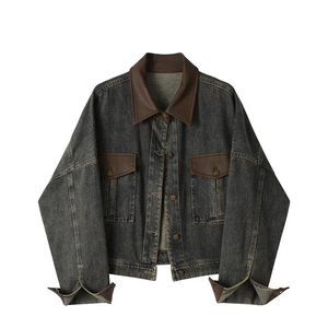 Veste en jean pour homme de haute qualité, 100% coton molletonné, style vintage délavé, effet soleil, toile cirée, col rabattu - Product Image 1