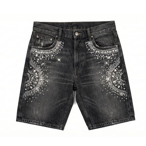 Jean décontracté pour homme, style streetwear, coupe droite ample, délavé vintage, effet usé, avec strass, en denim, anti-plis, fermeture éclair - Product Image 1