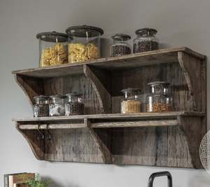 Étagère murale en bois rustique à double niveau pour le rangement des épices de cuisine avec crochets - Product Image 1