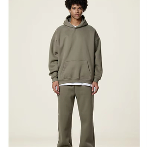 <b>Men</b> Olive <b>Green</b> Hooded <b>Tracksuit</b> Full Length Loose Fit Solid Color Cotton Casual Wear Autumn Season With Side Pockets - Product Image 1