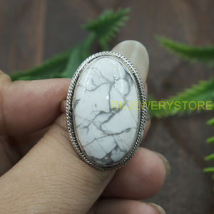 Natural White Howlite Gemstone <b>Ring</b> 925 Sterling Silver Handmade Oval Cabochon Stone <b>Statement</b> Jewelry Boho Vintage Style Women - Product Image 4