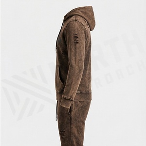 Conjunto de Chándal Ligero de Algodón Sólido con Parche Bordado Desgastado Personalizado, Estilo Casual de Invierno, Pantalones Deportivos con Lavado Ácido - Product Image 3