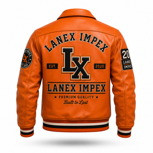 Custom Orange Leather Varsity Jacket for Men Premium Letterman Bomber Jacket with Embroidered Chenille Patches OEM ODM Supplier - Product Image 3