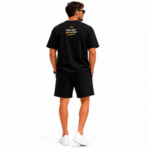 Men's Black Cotton Two Piece Shorts <b>Set</b> Crew Neck Digital Printed Letter Pattern Casual Summer Wear Breathable <b>Knitted</b> - Product Image 2