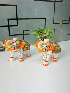 Handmade Painted Stone <b>Elephant</b> Figurine Pair Feng Shui Home <b>Decoration</b> White Gold Orange <b>Decorative</b> Statues - Product Image 2