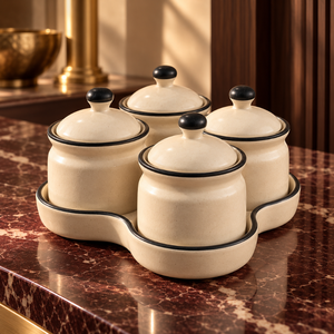 Ensemble de pots en céramique crème avec couvercles, poignées à bordure noire, quatre récipients de stockage alimentaire avec base |   Organisation du plan de travail de cuisine - Product Image 3