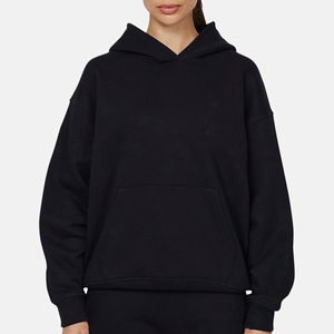 Sudadera con Capucha Extra Grande para Mujer, Color Negro Sólido, Felpa de Algodón, Manga Larga, Diseño con Bolsillos, Ropa Casual de Otoño - Product Image 3