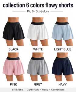 Shorts noirs pour femmes, coupe ample, taille moyenne, ceinture élastique, séchage rapide, sportif, décontracté, couleur unie - Product Image 6