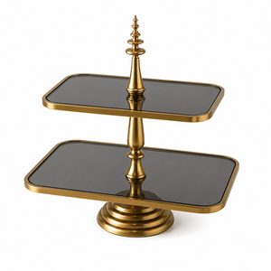Precio al por mayor: Soporte de exhibición de postres de lujo de tres niveles redondo, torre de presentación dorada con espejo para eventos, último modelo de dos niveles. - Product Image 3