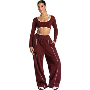 Pantalones Deportivos de Mujer para Invierno, Estilo Urbano, 100% Algodón, Corte Holgado, Cintura Media, Color Borgoña - Product Image 1