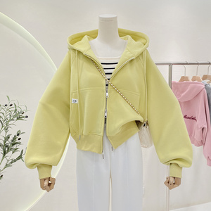 Sweat à capuche à double fermeture éclair 2024 Nouveau printemps coréen décontracté polyvalent couleur solide court cardigan à la mode pour femmes - Product Image 3