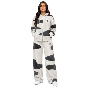 <b>Women</b>’s Abstract Color Block Co Ord Outfit Featuring Drawstring Hooded <b>Jacket</b> and Relaxed Palazzo Trousers Tracksuit Bulk Supply - Product Image 1