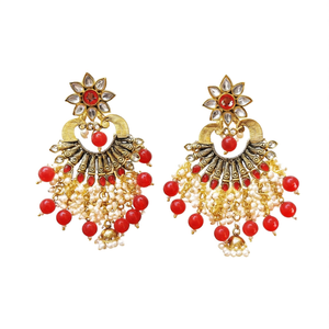 <b>Red</b> Enameled Designer Chandbali Hoop <b>Earrings</b> with Pearl and Zircon Hangings - Product Image 2
