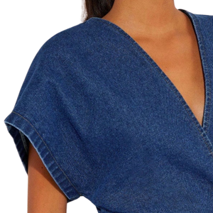 Women's Dark Blue Woven Denim Washed Button Wrap Style <b>Batwing</b> Sleeve V-Neck Casual Blouse Front Regular Fit Summer Office Wear - Product Image 3