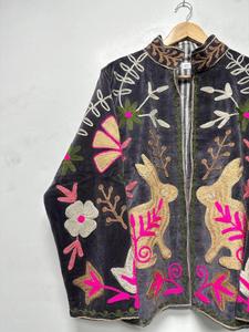 Vintage Black <b>Velvet</b> Suzani Embroidered <b>Jacket</b> With Floral And Rabbit Motif Full Sleeve Stand Collar Bohemian <b>Women's</b> Winter Coa - Product Image 6