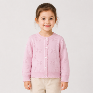 Primavera nuovo design little girls 100% cotone bel collo rotondo modello cardigan rosa ciliegia maglione - Product Image 1