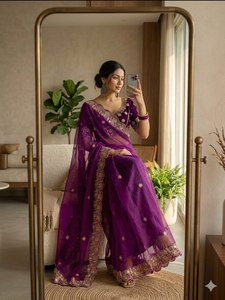 Premium Fendy <b>Satin</b> <b>Saree</b> Elegant Jhal Work Party Wear Elegant Butti Sequence Work Rich look designer <b>saree</b> Aarco work Jhal work - Product Image 3