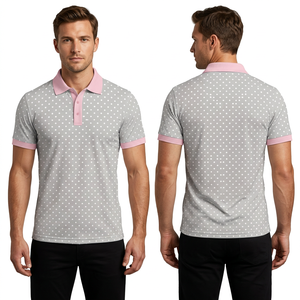 Polo à manches courtes gris pour homme avec col et poignets roses, design décontracté en tricot respirant - Product Image 2