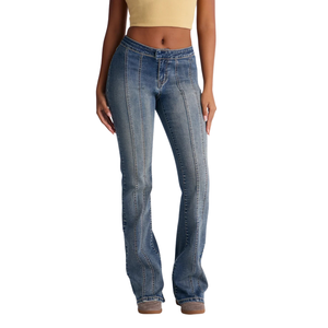 Jean en denim bleu foncé pour femme, coupe slim, taille haute, jambe bootcut, détails de couture, mode décontractée, vêtement de tous les jours de qualité supérieure - Product Image 1