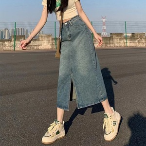 Nouvelle jupe longue en jean délavé taille haute fendue pour femme, style rétro, coupe trapèze, couvrant les hanches - Product Image 3