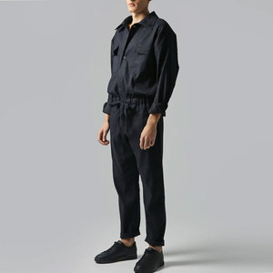 Customized Logo Printed Men's Dark Blue Long Sleeve Coveralls <b>With</b> Chest <b>Pockets</b> And Drawstring Waistband - Product Image 1
