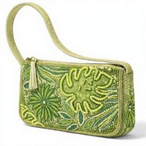 Sac à bandoulière en coton brodé de fleurs vertes fait main avec perles, mini sac à main tendance pour femme, design élégant, collection printemps - Product Image 1