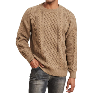 Pull en tricot torsadé à col rond pour homme, vert uni, manches longues, 100% laine, épais, pour l'hiver, anti-boulochage, tricoté à la main - Product Image 6