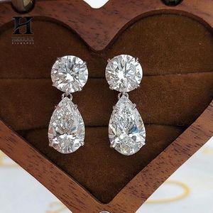 Luxury Two-Stone Drop <b>Earrings</b>, Round and Pear Cut Diamond <b>Dangle</b> <b>Earrings</b>, 14K <b>Gold</b> Fine Jewelry for Weddings and Bridal Wear - Product Image 3