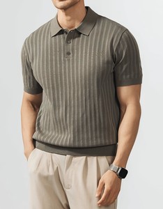 Polo en maille côtelée gris pour homme, manches courtes, boutonné, couleur unie, respirant, style Old Money, idéal pour l'été - Product Image 3