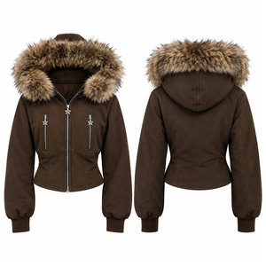 2027 Women's Brown Hooded Winter <b>Jacket</b> With Faux Fur Collar Zipper Front Casual Short Style Hoodie - Product Image 1