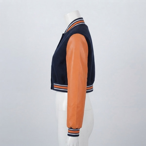 Veste de baseball pour femme REDDITO, bleu marine et orange, en laine, manches longues, logo lettre L brodé, col à capuche, longueur normale, imperméable - Product Image 2