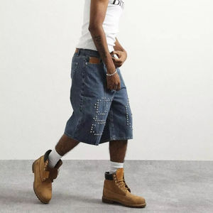 Shorts en jean rétro personnalisés de haute qualité pour hommes, coupe ample, surdimensionnés, avec rivets et strass, Jorts pour hommes - Product Image 5