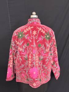 Designer Pink <b>Velvet</b> Embroidered <b>Jacket</b> Floral Kashmiri Style Winter Coat High Neck Boho Cardigan <b>Women</b> Outerwear Wear - Product Image 3