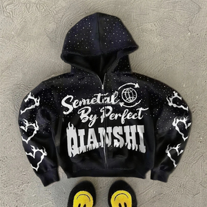 Sudadera con Capucha y Cremallera para Hombre QIANSHI, Estilo Urbano Oversize, Estampado Digital, Manga Regular, Tejido Transpirable 100% - Product Image 4