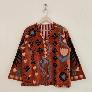 Veste en velours brodée Suzani, style vintage floral bohème, faite à la main, veste en velours Suzani brodée à la main, style ethnique vintage - Product Image 1