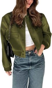 Chaqueta Corta Utilitaria Verde Oliva para Mujer, Cuello Alto, Manga Larga, Cierre de Botones, Color Sólido, Tejido de Poliéster, Informal para Otoño - Product Image 2