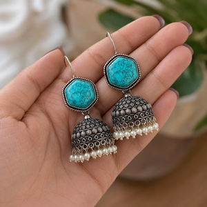 Pendientes Jhumka de Latón Oxidado Plateado con Turquesa y Perlas de Imitación Estilo Bohemia para Boda, con Garantía Comercial - Product Image 2