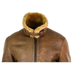 Blouson aviateur en cuir véritable pour homme avec doublure en fourrure de mouton, col rabattable, fermeture éclair, style moto hiver - Product Image 5