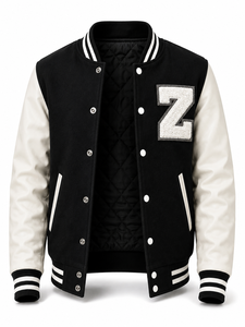 Veste universitaire unisexe noire en laine/polyester avec manches brodées de la lettre 00, style streetwear, col rabattu, coupe classique, patchwork - Product Image 2
