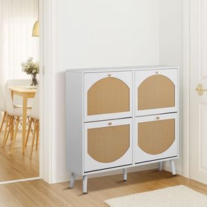 Scarpiera a 2 ripiani con 4 vani, a gamba alta, in rattan curvo, in truciolato e rattan sintetico, 105x24x98 cm, con telaio bianco - Product Image 4