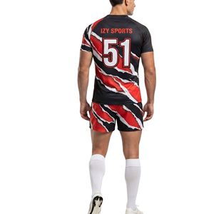 Tenues de rugby géométriques rouges en polyester respirant, maillot et short de club sportif, ensembles de tenues de rugby - Product Image 3